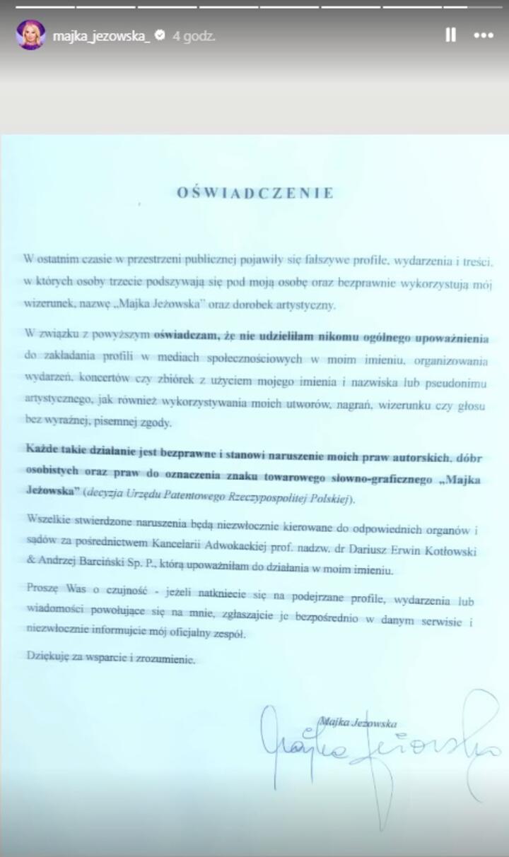 Oświadczenie Majki Jeżowskiej